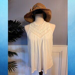 Lucky Brand White Lace Yoke Mock Neck Swing Top